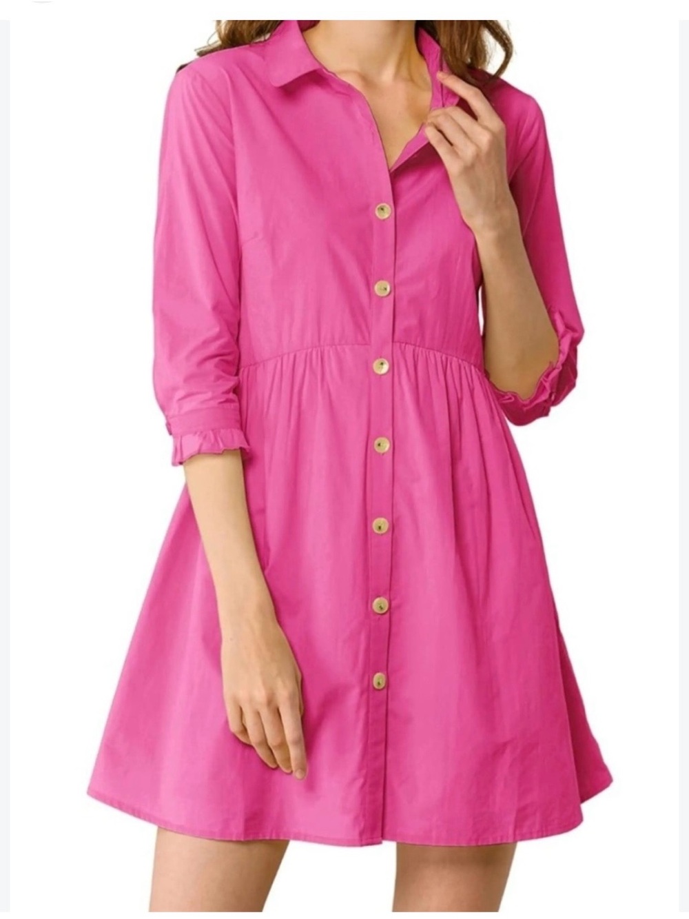 Allegra K Hot Pink Button-Front Mini Shirt Dress